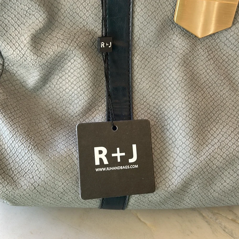 R+J Karalyn Grey Snakeskin Embossed Satchel Handbag‎ Navy Trim NWT HK-217-KAR